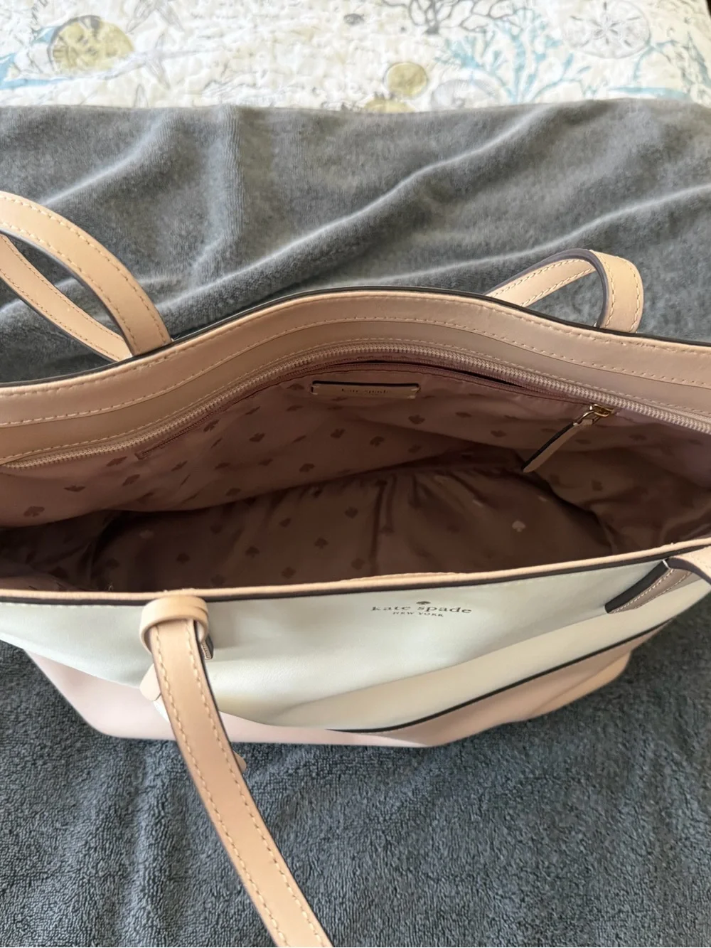 kate spade Cream and Tan Two-Tone Leather Tote with Spade Charm